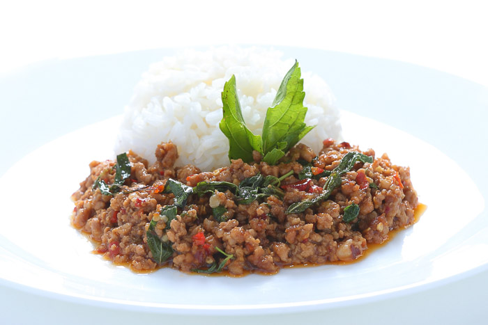 Rice w/ Stir Fried Spicy Basil Minced Pork